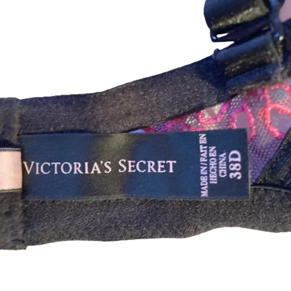 Victoria's Secret Sexy Little Things Black Floral Pink Embroidered Lace Bra, 38D - Picture 3 of 8